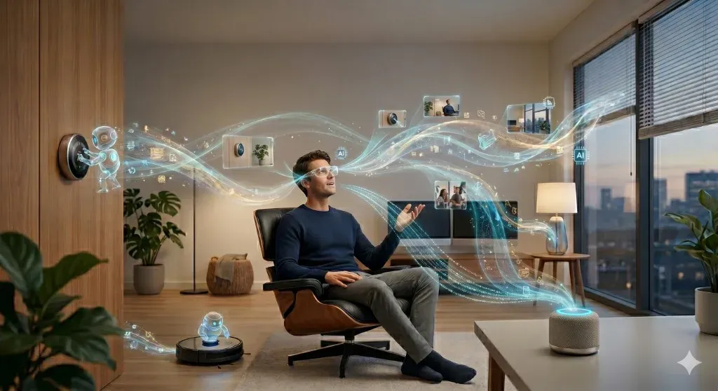 Ilustracja inteligentnego domu z niewidzialną AI i obliczeniami ambientowymi